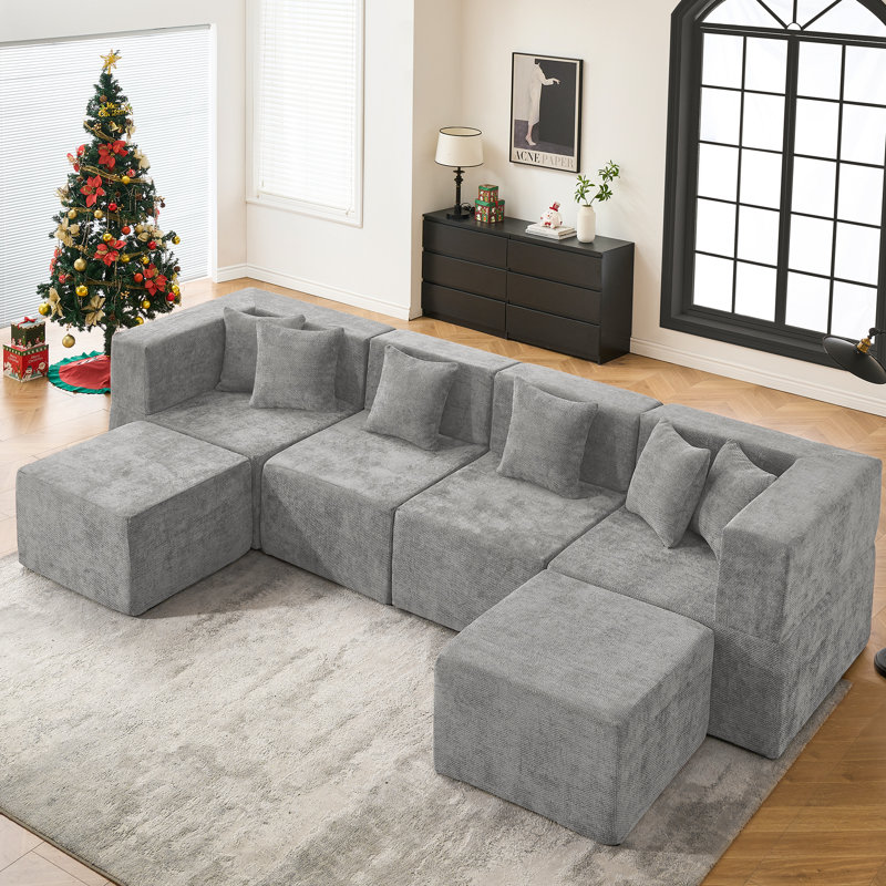 129"Cloud Modular Sectional Sofa With 2 Ottoman, Gray Chenille