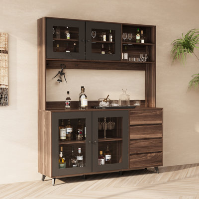 Large Liquor Cabinet Organizing Wine With Glass Doors, Drawers & Hooks by George Oliver