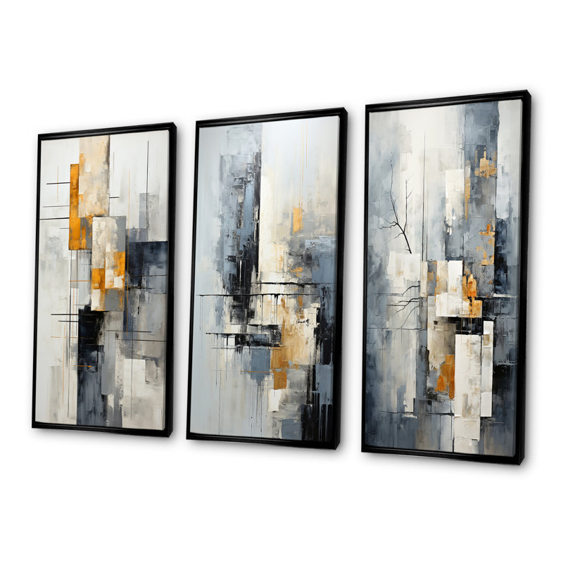 Ensemble de 3 décorations murales abstraites grises et blanches I - Collages abstraits, H 28 po x l 36 po