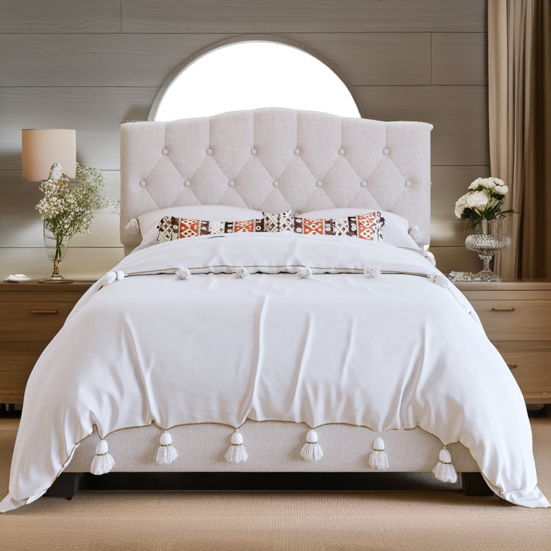 Lit plateforme tapissier en lin - Tête de lit capitonnée Diamond, capacité de 881 lb, sans sommier tapissier, beige