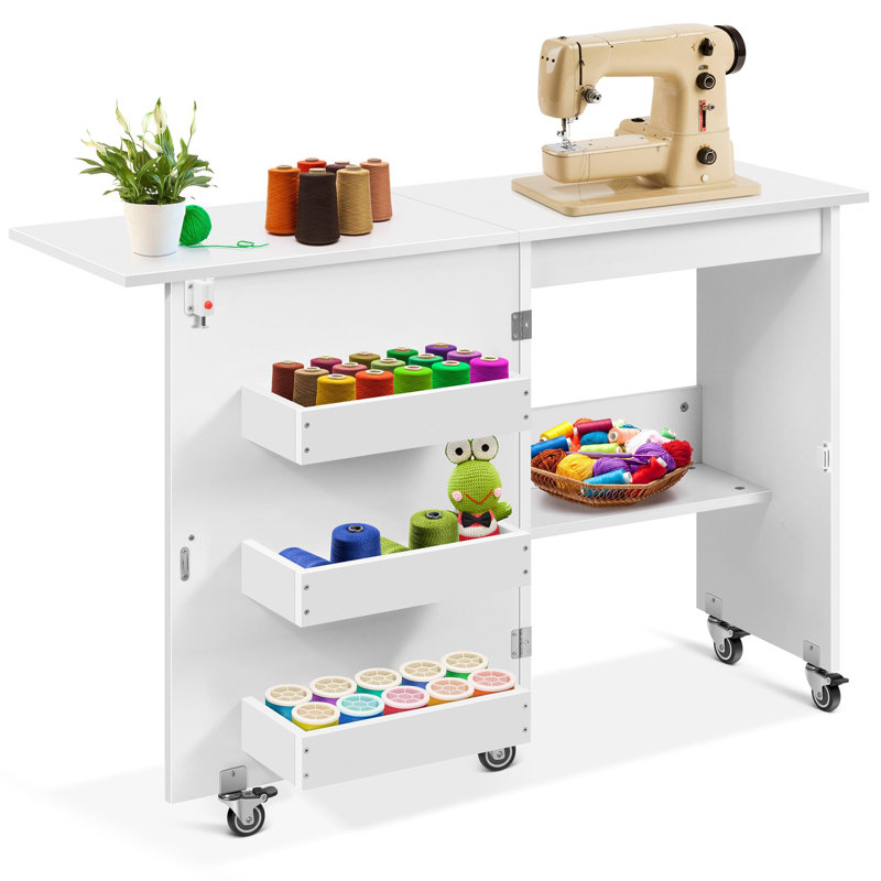 Table de couture pliante avec tablettes de rangement, armoire de couture avec élévateur pour petits espaces, Blanc