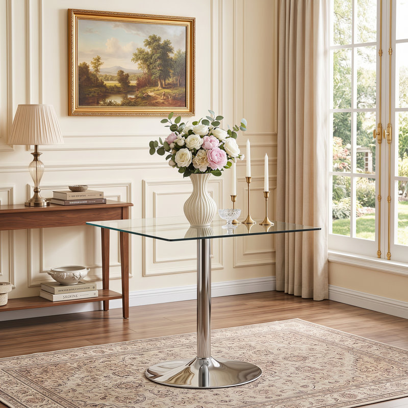 Table de salle à manger carrée moderne en verre de 98 cm (38,5 po) avec pied central en métal, Silvery
