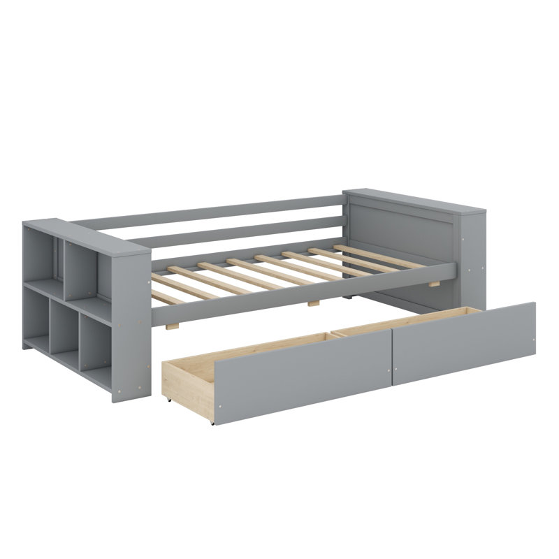 Lit de jour avec tablettes et tiroirs, Gris
