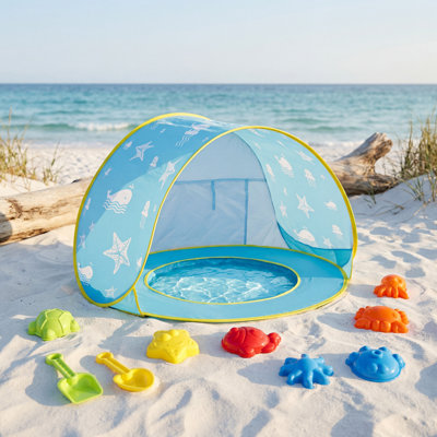 Wilwolfer Baby Beach Tent with UV Protection, Portable Pop-Up Sun Shelter for Toddlers, Water Play Tent with Beach Toys and Carry Bag (Blue)