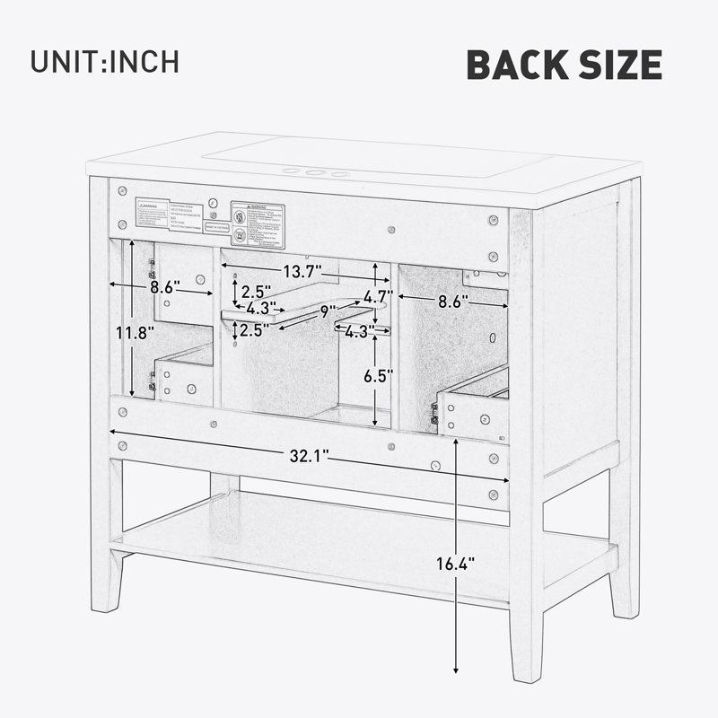 36" Black Solid Wood and MDF Freestanding Bathroom Vanity