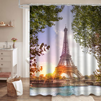 Romantic Sunset Eiffel Tower France Summer Sunrise River Paris Shower Curtain with 12 Hooks