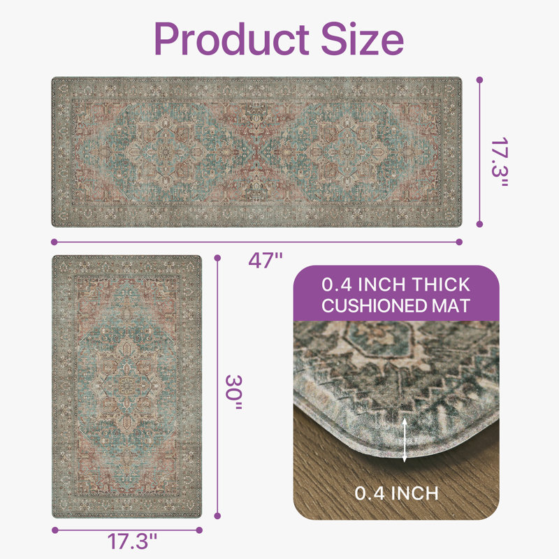 Anti-Fatigue Anti-Slip Waterproof Kitchen Mat, Runner 17" x 59"+17" x 30", Red/Brown/Green