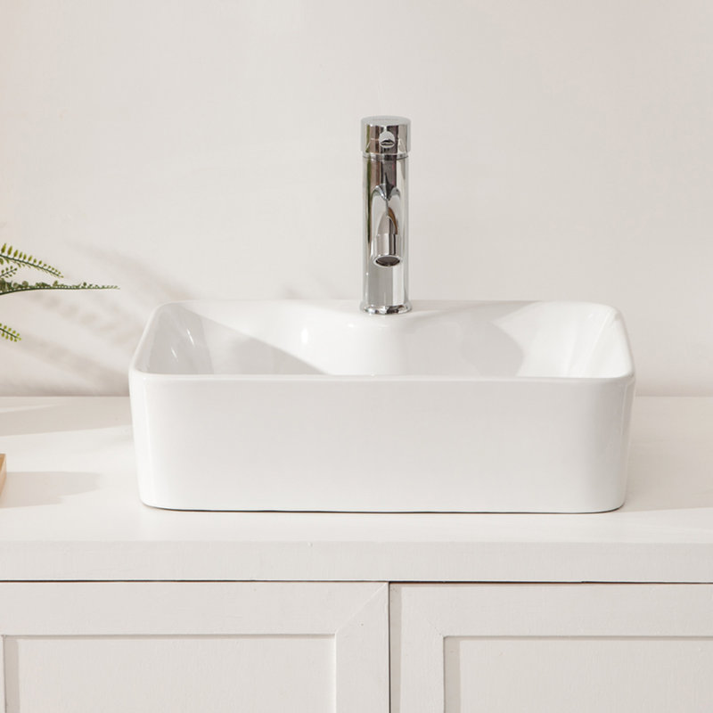 Lavabo vasque en céramique pour salle de bain - 19 x 15 po, blanc, moderne, rectangulaire, teinté, comptoir 19 po x 15 po blanc moderne