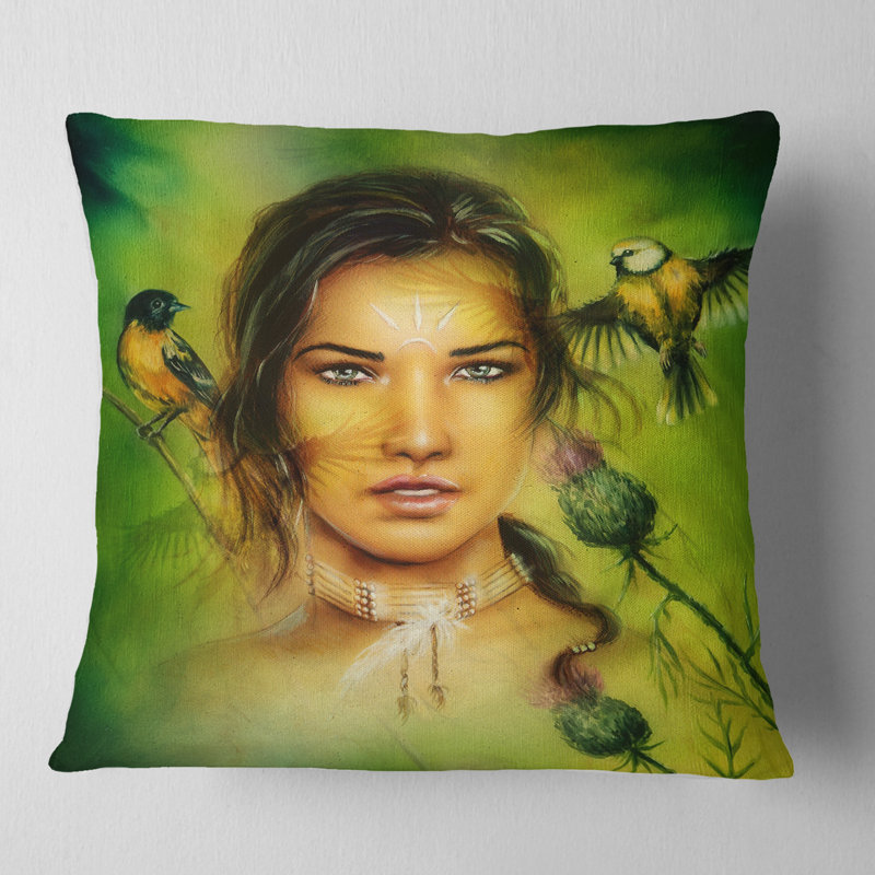 Oreiller en femme indienne avec oiseaux, 18 po x 18 po, Coussin décoratif