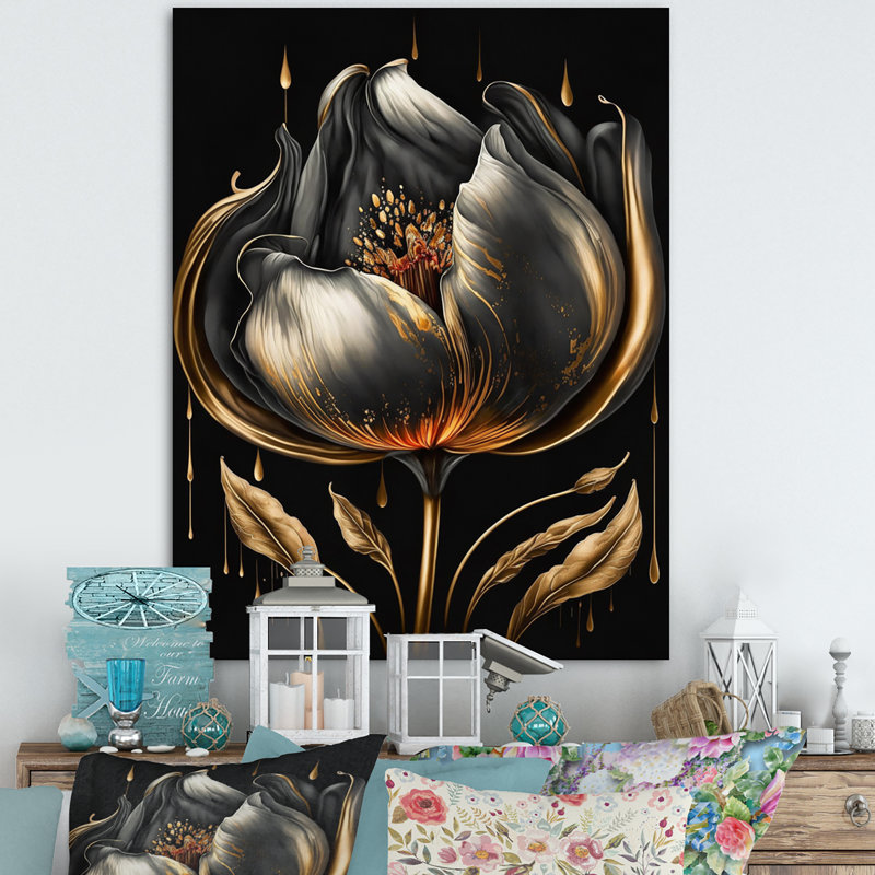 Tulipe noire et dorée - art mural encadré, H 20 po x l 12 po x P 1 po, Toile tendue