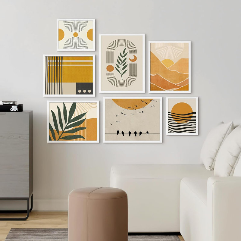 " Collage Mid-Century Pastel Circle Plants Abstract " 7 - Pieces, White Framed