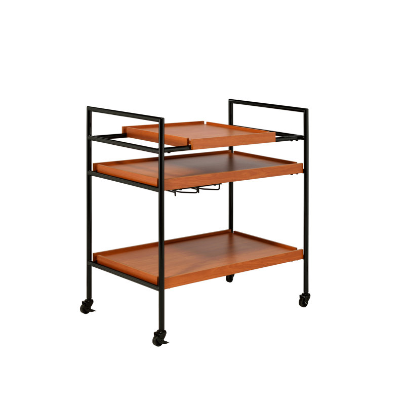 Chariot de service en chêne miel et noir, composants en bois personnalisables, 3 compartiments ouverts pour les bouteilles et la verrerie, 4 roulettes, cadre en métal, salle à manger