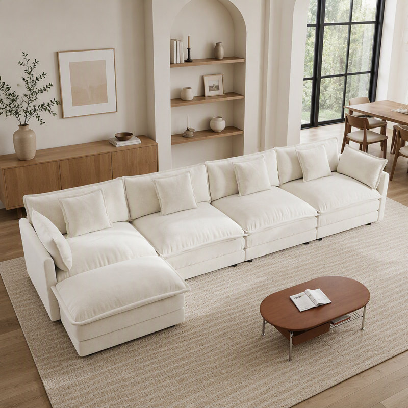 Canapé d'angle modulaire pour salon, canapé-lit 4 places en forme de U avec pouf, chenille blanche
