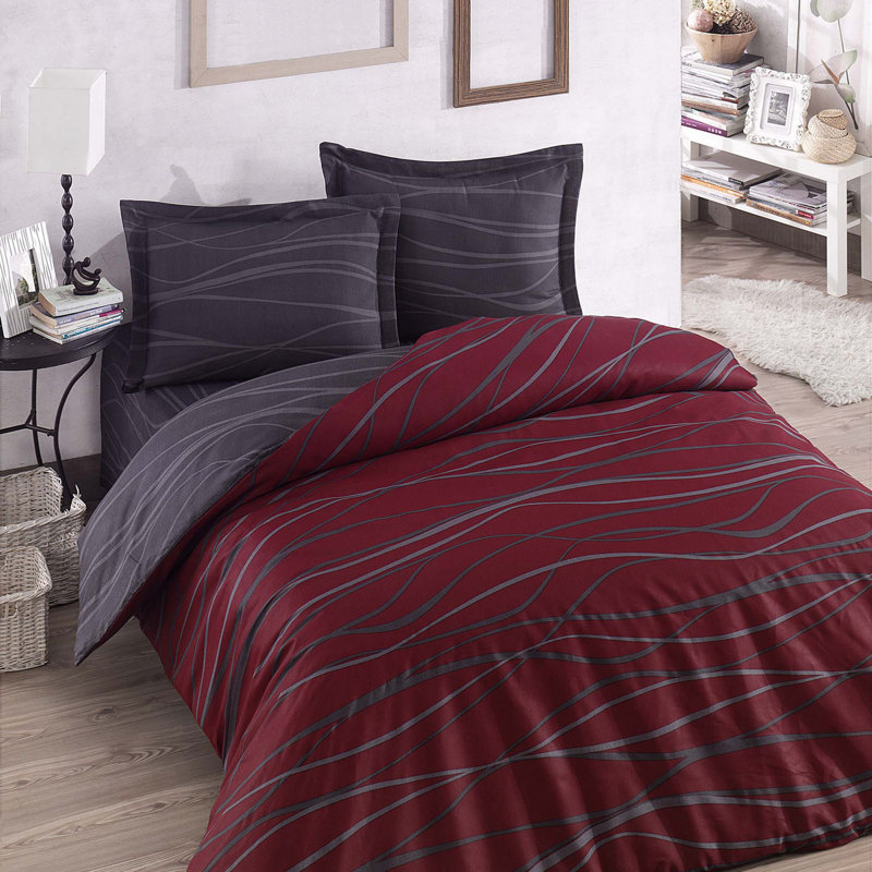 Ensemble de housse de courtepointe très grand, rouge bordeaux et anthracite | 65% coton / 35% polyester, 120 fils | Comprend 2 taies d'oreiller (19,7 po x 31,5 po) | Lavable à la machine, conception élégante pour chambre luxueuse