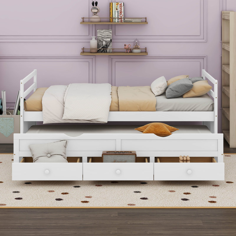  Lit de jour simple en bois avec 3 tiroirs de rangement, lit gigogne Makemson, Blanc