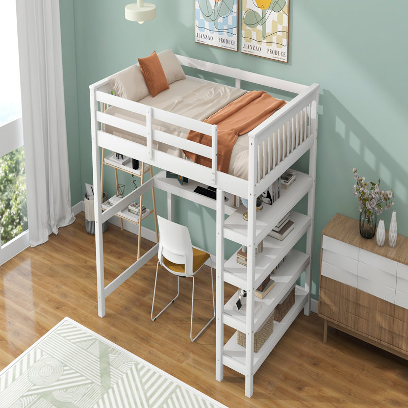 Lit mezzanine double avec tablettes de rangement et bureau sous le lit, Blanc