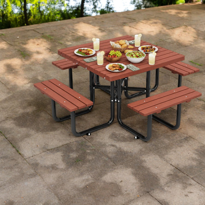 Ensemble de tables de patio spacieuses, salle à manger rustique en acier et bois massif pour la cour arrière