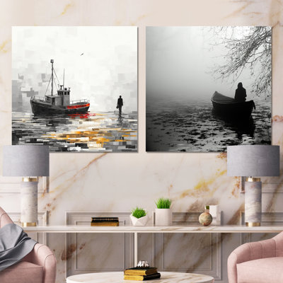 «Grey Lonely Vessel Boating I» - ensemble d'art mural sur toile bord de mer