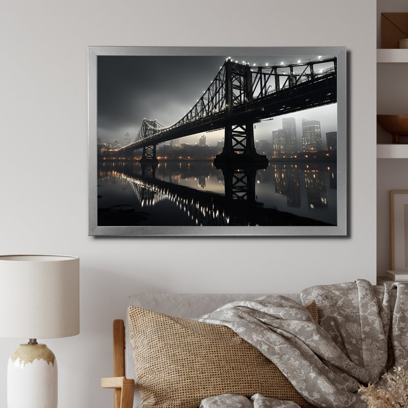" Grey Bridge Urban Connection Charcoal II ", Silver Picture Framed, 34" H x 44" W x 1.5" D