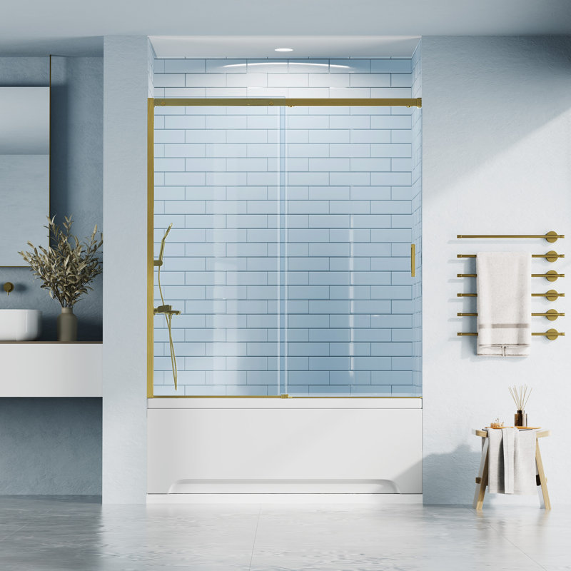 60"W X 60" H Double Sliding Semi-Frameless Tub Door With 1/4"(6mm) Clear Tempered Glass, Brushed Gold