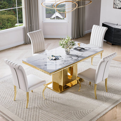 70.08”Faux Marble Top Pedestal Dining Table Set