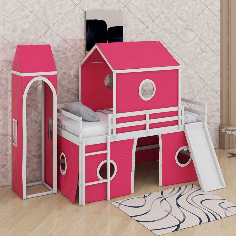 Lit mezzanine simple avec glissade et tour, Rose