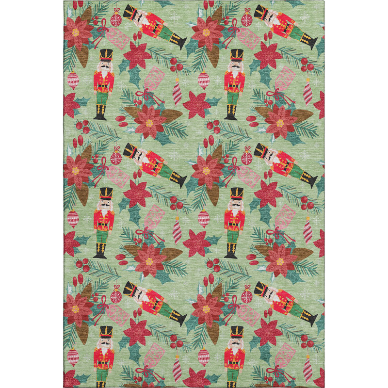 Premium Machine Washable Dockside AMF1822 Nutcracker and Poinsettia Rug, Rectangle 5' x 7'6"