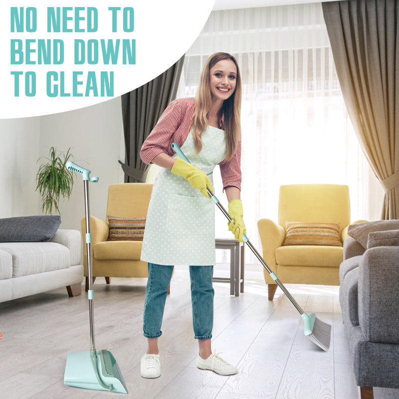 Bluish Green Stainless Steel Broom and Dustpan Set with Adjustable Handle