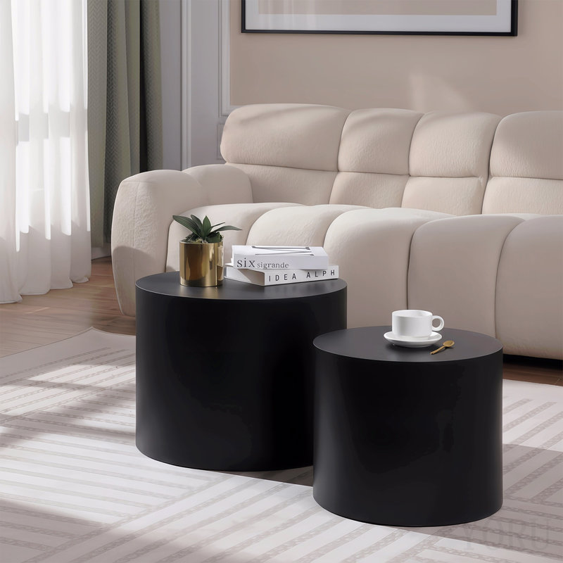 Ensemble de 2 tables basses gigognes, table basse ronde moderne avec pieds antidérapants, table d'appoint en bois pour salon, chambre à coucher, bureau, balcon, terrasse, petit espace, sans assemblage, noir mat
