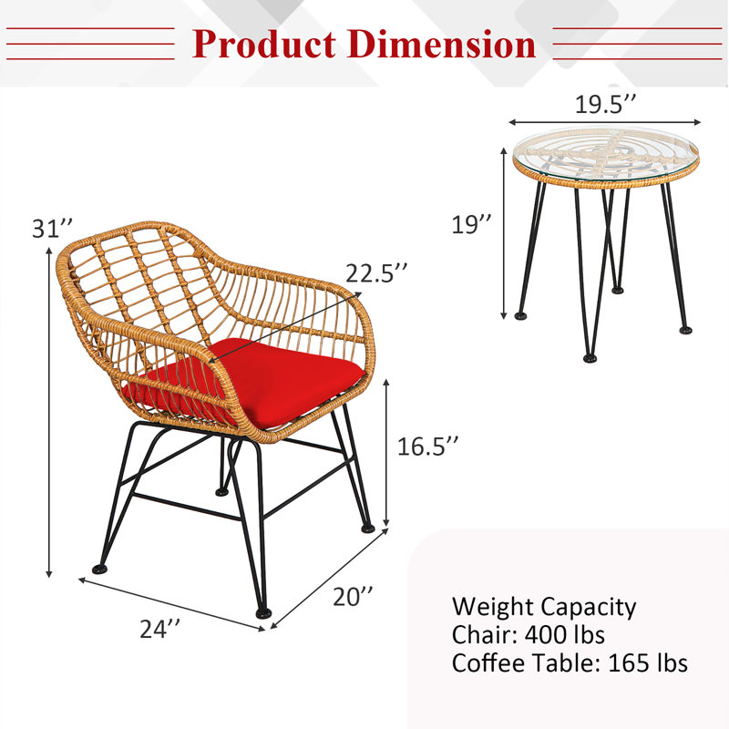 Adalard 2 - Person Wicker Patio Dining Set with Round Table , Cushions Included, Red