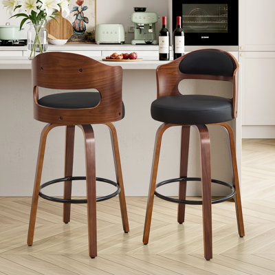 Set of 2 Swivel Bar Height Stools, Solid Wood 360° Rotating Bar Chairs with Backrest & Upholstered PU Seat, 330 lb Capacity (29" Seat Height)