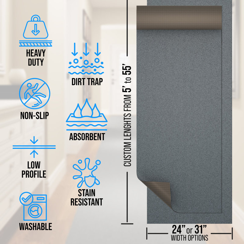 Extra-Long Custom-Length Non-Slip Runner Rug with Dirt-Trapping Grooves. Heavy-Duty, Absorbent, Stain-Resistant, and Washable. Perfect for Entryways, Hallways, and Offices, Gray.