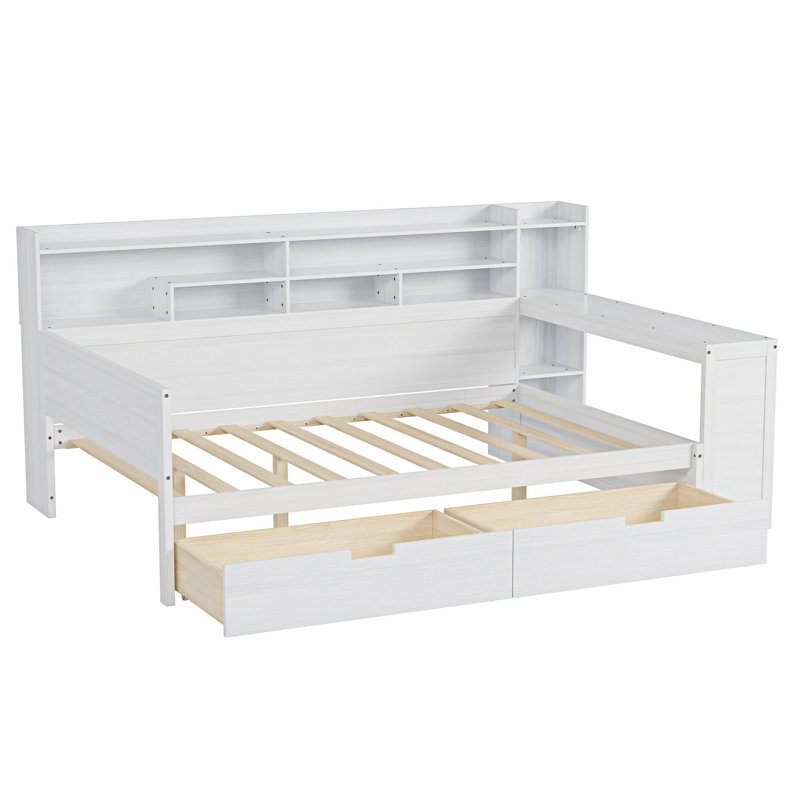 Lit de jour en bois avec rangement et bureau, Blanc antique, Double