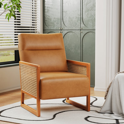 Chaise d'appoint rembourrée avec accoudoirs en rotin et pieds en bois massif