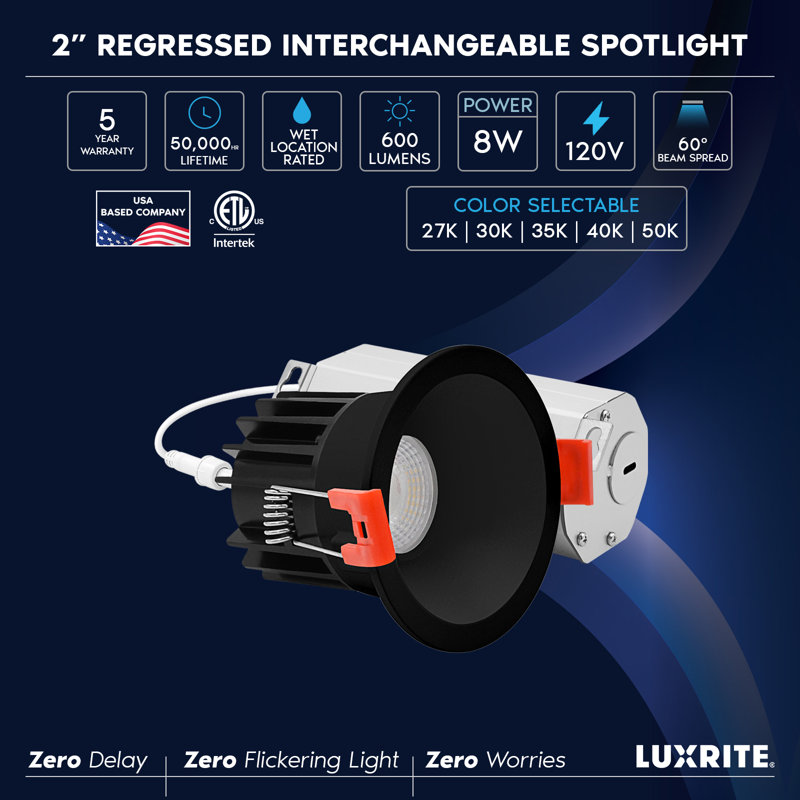 Luxrite 2 po Éclairage à DEL sans lumière régressé avec garniture ronde blanche interchangeable étroite, 5CCT, CRI90, 8W, 600LM, faisceau 60 °, à intensité variable, paquet de 4