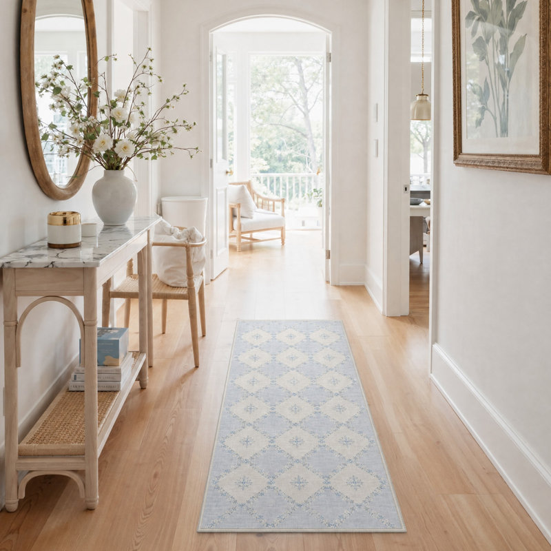 Tapis de couloir bleu / ivoire en treillis lavable à la machine avec envers antidérapant, Runner 2'5" x 8'