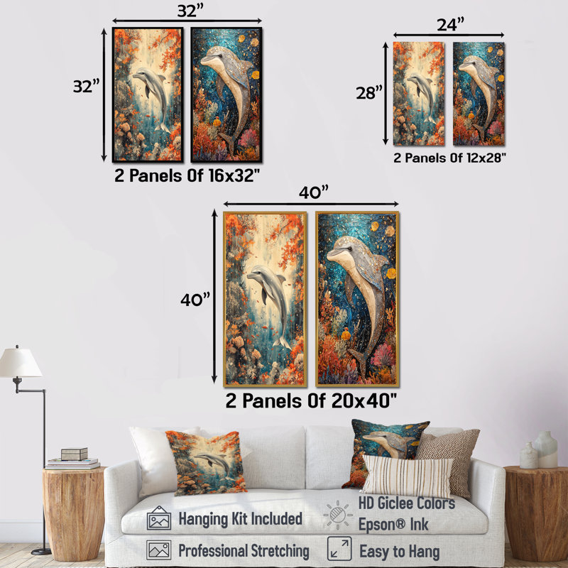 Danse du dauphin au-dessus d'un corail I - Collection d'art mural animaux 2 pièces, H 40 po x l 41 po, Toile tendue