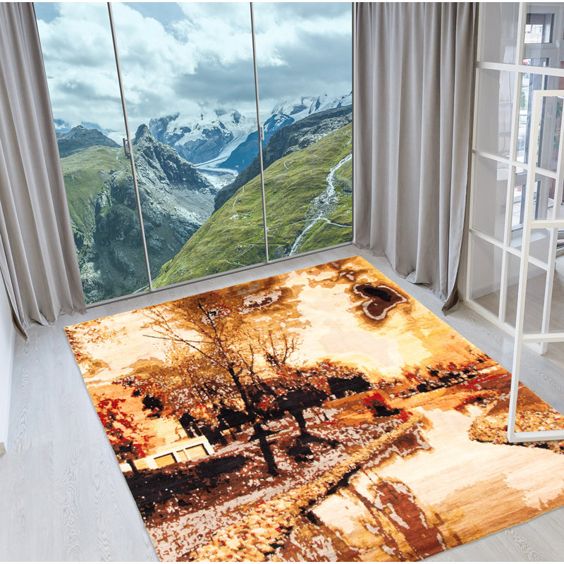 Tapis décoratif de conception unique 8 pi x 10 pi 1 po noué à la main New Age en beige/brun/noir