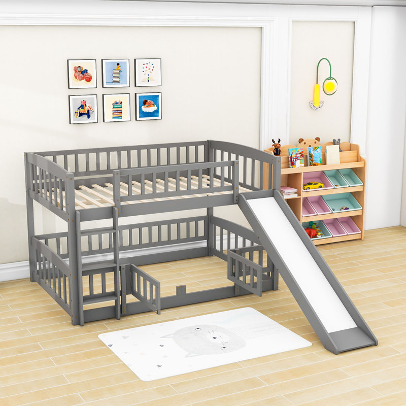Wood Bunk Bed With Slide And Guardrails, Full over Full, Gray
