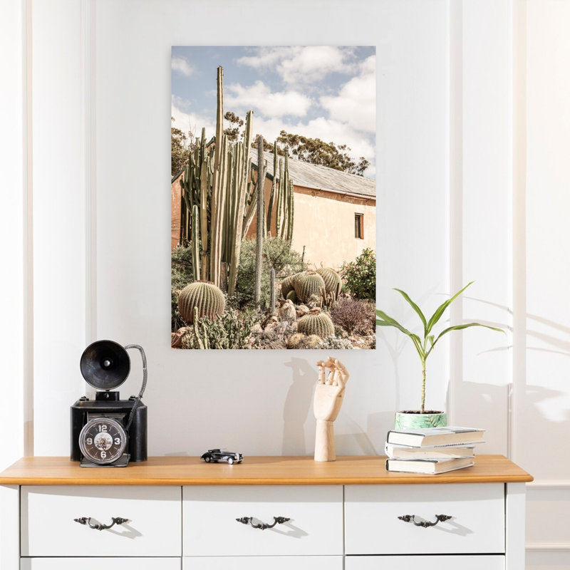 Art contemporain, paysage abstrait rétro, cactus, H 24 po x l 16 po