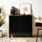 Black Storage Cabinet With Grille Striped Door, And Metal Leg, Modern Style For Home, Space Structure, Design Home Storage, Spacious