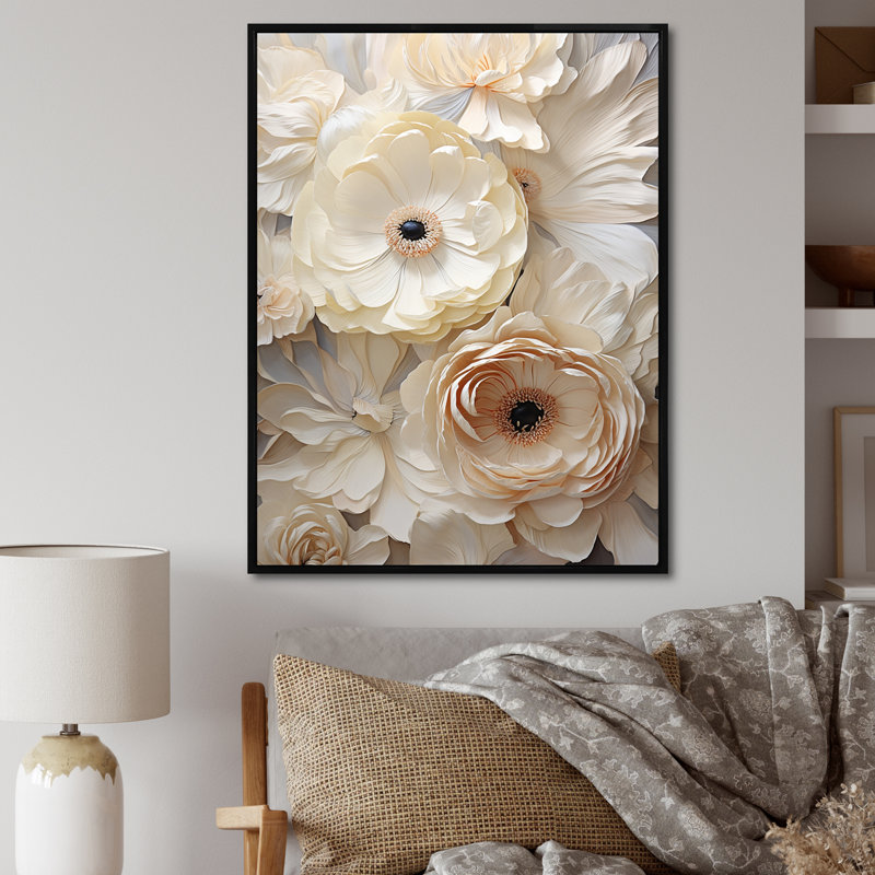 Beige minimalisme Ranunculus Dreams - art mural sur toile Renoncule, Cadre flottant noir, H 32 po x l 16 po x P 1 po
