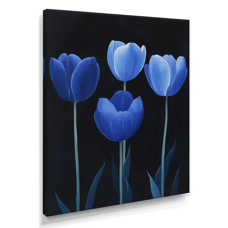 Quatuor de tulipes cobalt II - Décoration murale botanique sur toile, H 32 po x l 16 po, Toile tendue