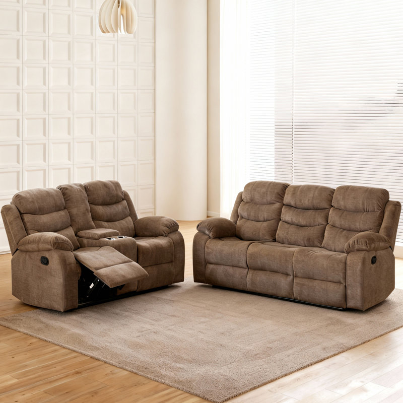 Ensemble de 2 pièces inclinables en polyester: causeuse avec rangement et canapé avec porte-gobelets rabattables, Brun