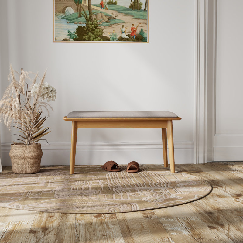 Banc rembourré en bois massif, Beige, H 19 po x l 35 po x P 14 po , Brun