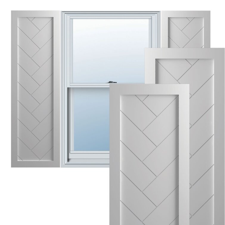 18 inchw x 43 inchh True Fit PVC Single Panel Herringbone Modern Style Fixed Mount Shutters, White (Per Pair - Hardware Not Included)