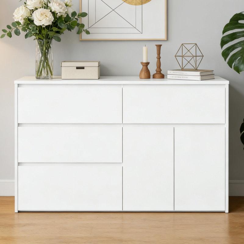 Commode blanche en mélamine embossée 47 pouces avec 4 tiroirs et 2 portes