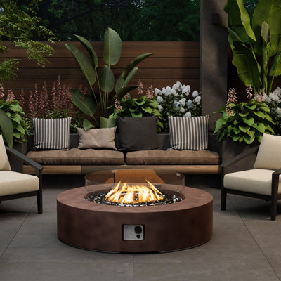 Borgia Concrete Propane Fire Pit Table With Wind Guard & Black Glass Stones
