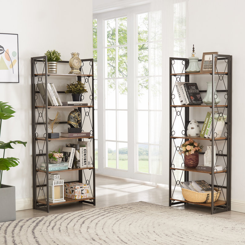 Etagere Set of 2 Bookcase, No Assembly Folding Bookshelf Set of 2, Collapsible Bookcase with Removable Shelves, 5-Tier Foldable Standing Racks for Bedroom, Living Room, Home Office