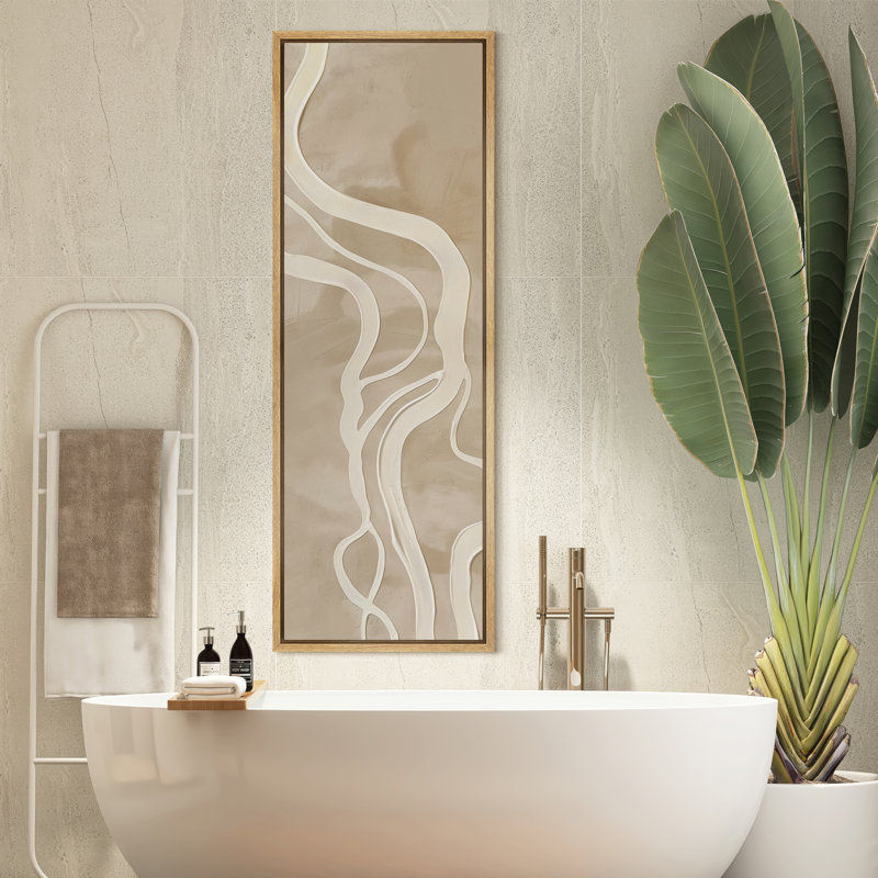 «Flowing Harmony II», reproduction de ligne fluide abstraite organique beige, grande impression sur toile encadrée pour chambre principale